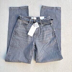 NWT ZARA Z1975 Regular Fit Straight Leg Jeans Grey with Belt - Size 34 (USA 2)